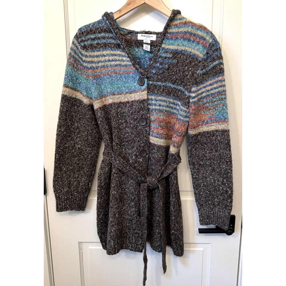 Style & Co Hooded Button Front Cardigan PL Belted Colorful Knit Boho Cozy Casual